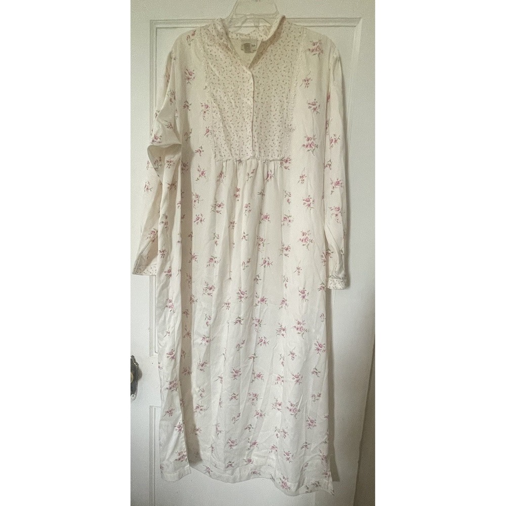 Vintage Delicates Satin Nightgown Womens Large White Pink Rose Print Cottagecore